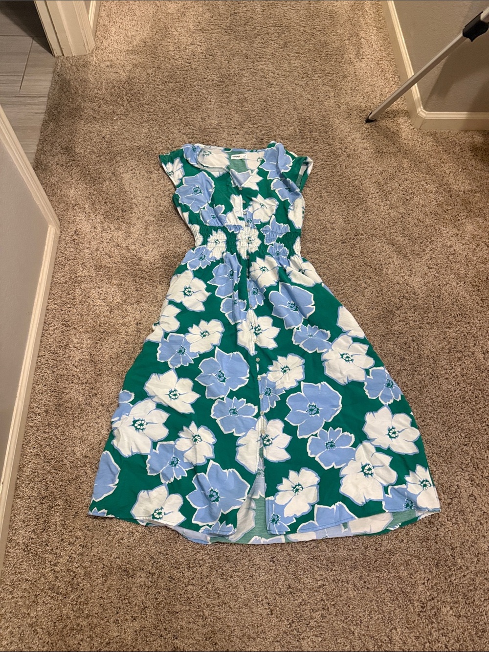 Sonoma Green Midi Dress with Blue and White Floral Print
